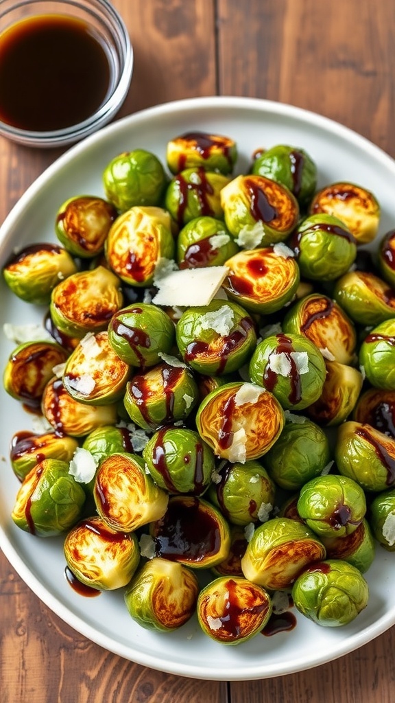 Roasted Brussels sprouts with balsamic glaze and Parmesan cheese on a rustic table.